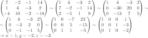 \begin{pmatrix} 7&-2&-1&14\\ 1&4&-3&2\\ -4&10&-2&-18\end{pmatrix} \sim\begin{pmatrix} 1&4&-3&2\\7&-2&-1&14\\ 2&-5&1&9\end{pmatrix} \sim \begin{pmatrix} 1&4&-3&2\\0&-30&20&0\\ 0&-13&7&5\end{pmatrix} \sim\\ \sim \begin{pmatrix} 1&4&-3&2\\0&-3&2&0\\ 0&-1&-1&5\end{pmatrix} \sim \begin{pmatrix} 1&0&-7&22\\0&0&5&-15\\ 0&1&1&-5\end{pmatrix} \sim \begin{pmatrix} 1&0&0&1\\0&0&1&-3\\ 0&1&0&-2\end{pmatrix} \\\Rightarrow x=1,y=-2,z=-3