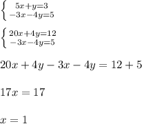 \left \{ {{5x+y=3} \atop {-3x-4y=5}} \right. \\\\\left \{ {{20x+4y=12} \atop {-3x-4y=5}} \right.\\\\ 20x+4y-3x-4y=12+5\\\\17x=17\\\\x=1\\\\