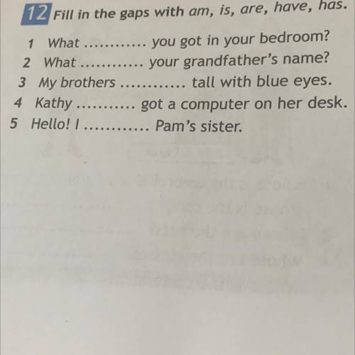 Fill in the gaps with am, is, are, have, has. 1 What you got in your bedroom? 2 What your grandfat