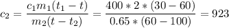 \displaystyle c_2=\frac{c_1m_1(t_1-t)}{m_2(t-t_2)}=\frac{400*2*(30-60)}{0.65*(60-100)}=923