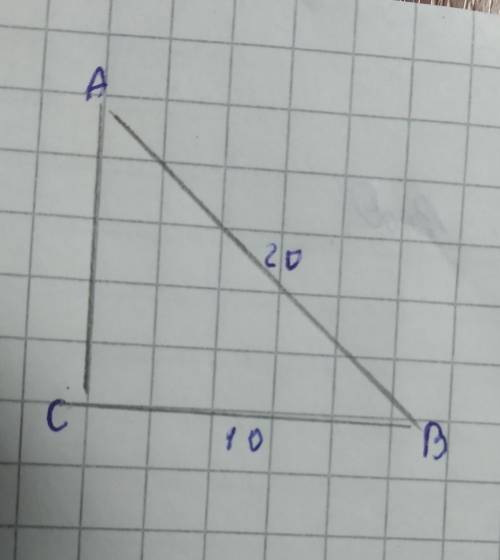 Дано: трикутник abc( Кут с=90°), АВ=20 см, СВ=10 смЗнайти : Кут А​