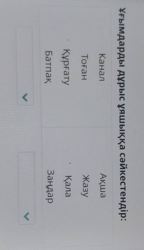 Ұғымдарды дұрыс ұяшыққа сәйкестендір: КаналАқшаТоғанЖазуҚұрғатуҚалаБатпақЗаңдар​