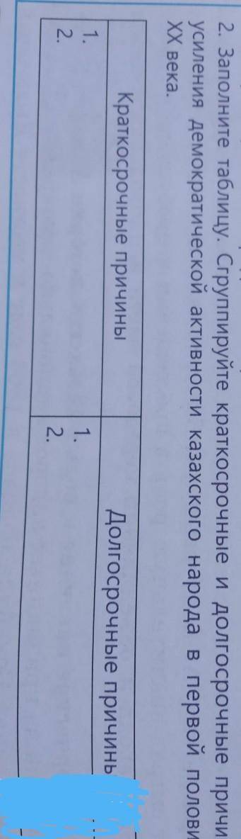 Заполните таблицу. Сгруппируйте кратко и долго причины усиления демократической активности казахског