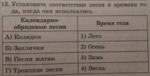 Установите соответствие песен и времени года, когда они исполнялись