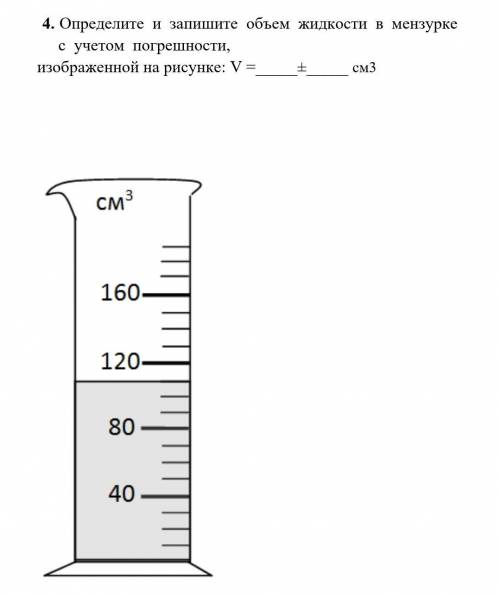 Определите и запишите объем жидкости в минзурке с учетом погрешности, изображенной на рисунке: V =