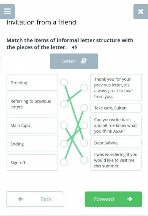 Match the items of informal letter structure with the pieces of the letter жауап берін дерші​