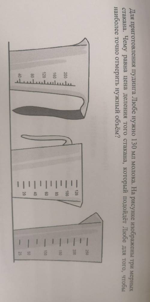 Для приготовления пудинга Любе нужно 130 мл молока на рисунке изображены три мерных стакана... ​