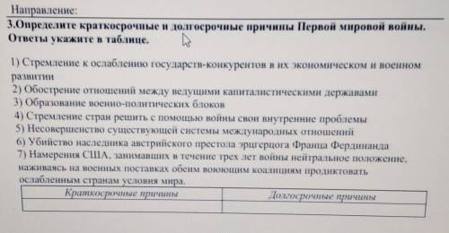 Определите кратко и долго причины Первой мировой войны ответы Укажите в таблице​