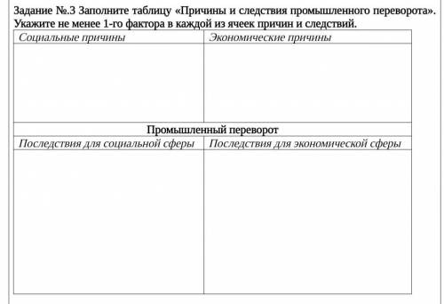 Заполните таблицу «Причины и следствия промышленного переворота». Укажите не менее 1-го фактора в ка