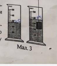 2. На малюнку 3 зображено мензурку з водою до і після зану- рення у неї бруска прямокутної форми, пл