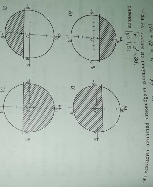 На каком рисунке изображено множество решений неравенства: x^2+y^2≤36 y≥1,5 Ещё объясните как вы пол