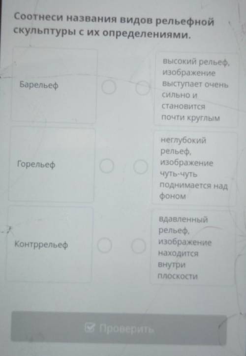 Соотнеси названия видов рельефнойскульптуры с их определениями.​