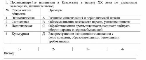 1. Проанализируйте изменения в Казахстане в начале ХХ века по указанным категориям, напишите вывод