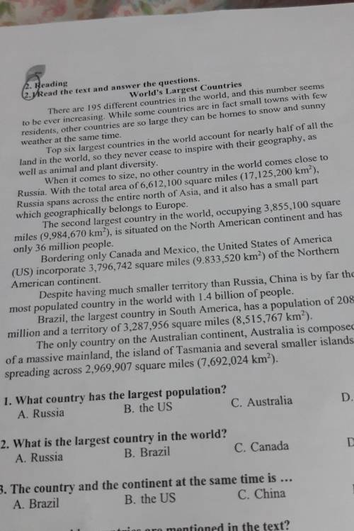 1. What country has the largest population? A. RussiaB. the USC. AustraliaD. Australia2. What is the