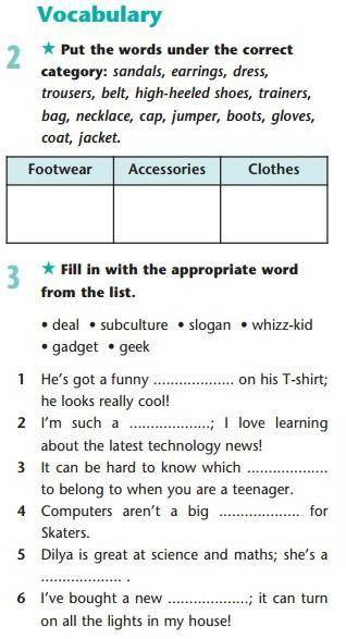 Vocabulary * Put the words under the correct2 *category: sandals, earrings, dress,trousers, belt, hi