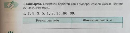 3-тапсырма. Цифрмен берілген сан есімдерді сөзбен жазып, кестеге орналастырыңдар.4, 7, 9, 3, 5, 1, 2