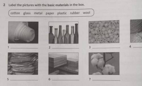 2 Label the pictures with the basic materials in the box. cottonglass metal paper plastic rubber woo