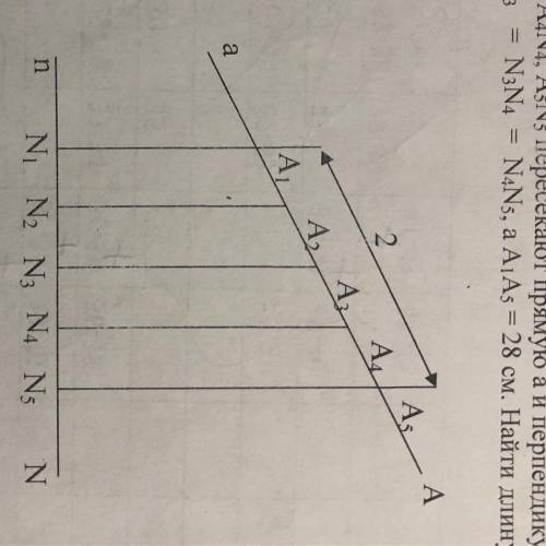 Прямые А1N1,A2N2,A3N3,A4N4,A5N5 пересекают прямую a и перпендикулярны прямой n. Известно,что N1N2=N2