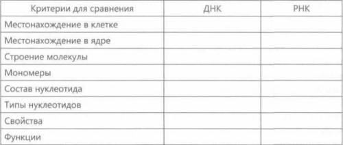 Сравните строение, свойства и функции ДНК и РНК. Заполните в тетради таблицу.