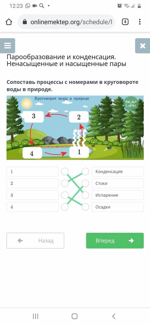 Сопоставь процессы с номерами в круговороте воды в природе.