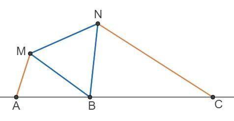 На прямой отмечены 3 точки: A, B, C. AB = 3, BC = 5. Также отмечены точки M и N, которые образуют ра