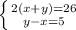 \left \{ {{2(x+y)=26} \atop {y-x=5}} \right.