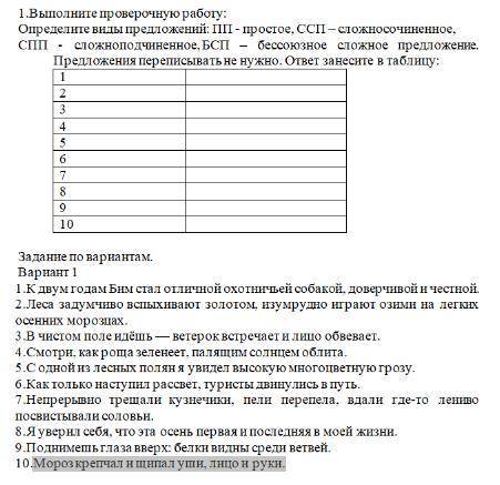 Определите виды предложений: ПП - простое, ССП – сложносочиненное, СПП - сложноподчиненное, БСП – бе