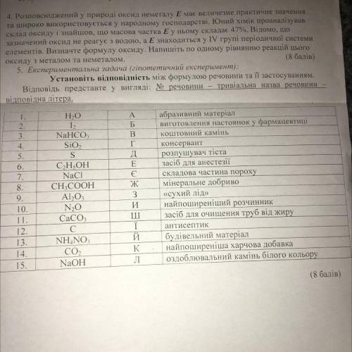 5. Експериментальна задача (гіпотетичний експеримент): Установіть відповідність між формулою речовин