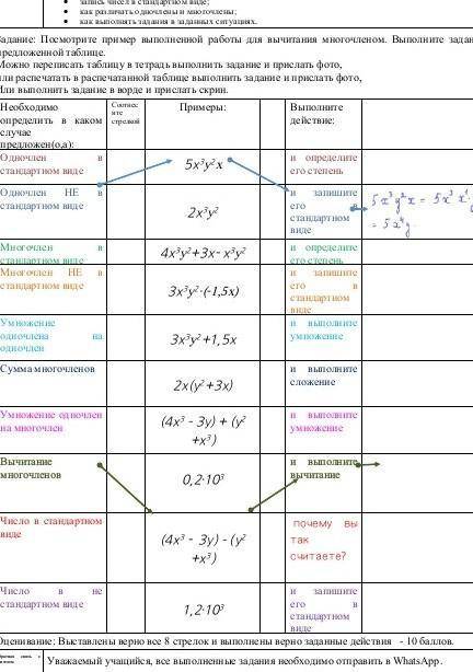 Задание: Посмотрите пример выполненной работы для вычитания многочленом. Выполните задание в предлож