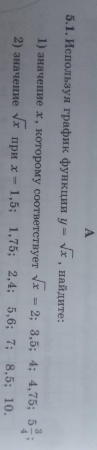 5.1. Используя график функции у=√ х, найдите: 1) значение x которому соответствует√х 2; 3,5; Т.д на