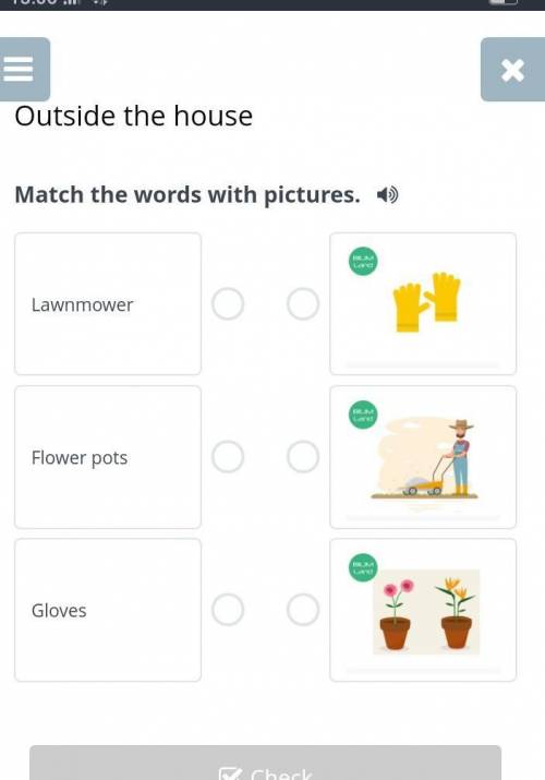 Match the words with pictures. LawnmowerFlower potsGloves￼￼￼BackCheck ​