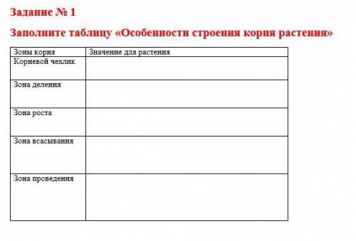 Заполните таблицу «Особенности строения корня растения»