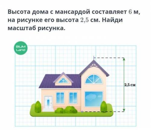 Высота дома с мансардой составляет 6 м, на рисунке его высота 2,5 см. Найди масштаб рисунка​