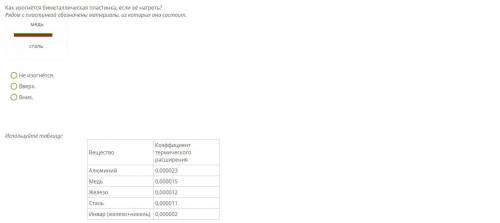 Как изогнётся биметаллическая пластинка, если её нагреть? Рядом с пластинкой обозначены материалы, и