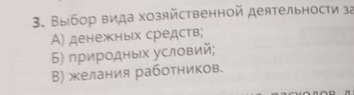 выбор видов хозяйственной деятельности зависит от варианты а денежных средств б природных условий В