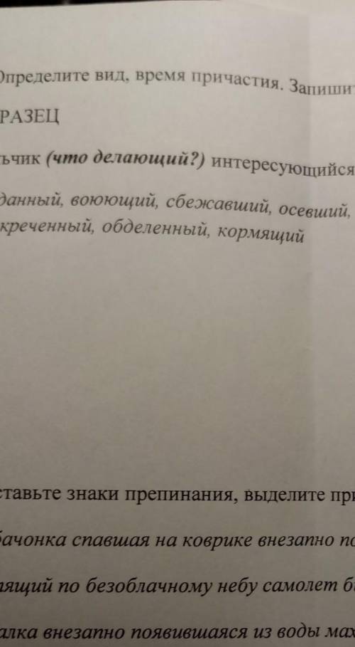 Определите вид, время причастия. Залишите глагол, от которого причастие образования). Образец мальчи