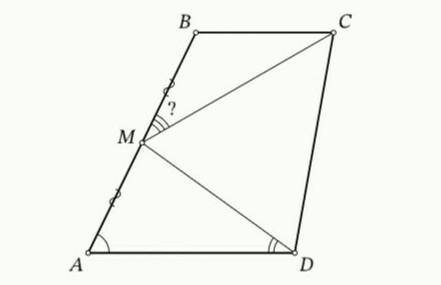 На боковой стороне AB трапеции ABCD (AD∥BC) отмечена середина M. Известно, что AD+BC=CD, ∠BAD=56°, ∠