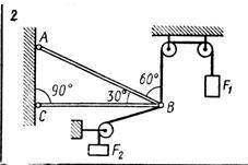 Определить реакции стержней, удерживающих грузы F1=0.3 и F2=0.8 Массой стержней пренебречь.