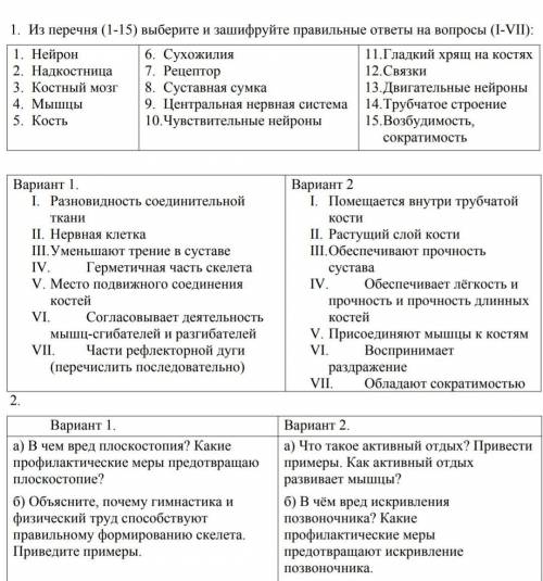 I. Из перечня (1-15) выберите и зашифруйте правильные ответы на вопросы (1-VII): 1. Нейрон 6. Сухожи