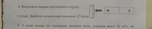 Визначити напрям індукційного струму у кільці. Зробити схематичний малюнок. (Фото).