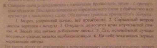 Спишите сначала предложения с одиночным причастием, затем - с причастным оборотом. поставьте вопросы