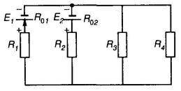В сложной цепи (рис. 30) E1 = 80 В, Е2 = 100 В, R1 = 9 Ом, R2 = 19 Ом, R3 = 25 Ом, R4 = 100 Ом, R0l