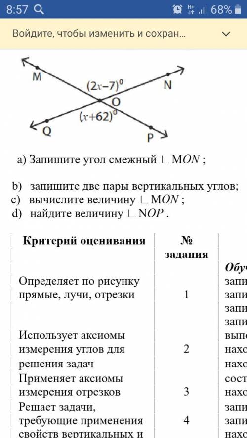 (2x-7)⁰ (х+62)⁰ а)Запеши угол смежный углу МОN; b)Запеши две пары вертикальных углов; c)Вычисли вели