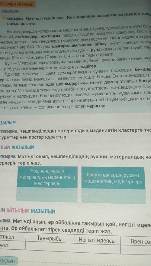 Мәтінді оқып, әр ойбөлікке тақырып қой, негізгі идеясын анықта. Әр ойбөліктегі тірек сөздерді теріп