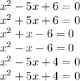 x^2-5x+6=0\\x^2+5x+6=0\\x^2+x-6=0\\x^2-x-6=0\\x^2-5x+4=0\\x^2+5x+4=0