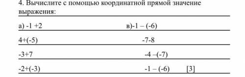 Вычислите с координатной прямой значение выражение: а) 1+2 4+(-5) -3+7 -2+(-3) B)-1-(-6) -7-8 -4-(-