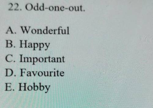 22. Odd-one-out.A. WonderfulB. HappyC. ImportantD. FavouriteE. Hobby​