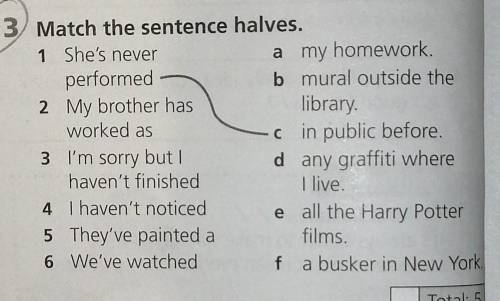 Present perfect for 6past time3 Match the sentence halves.1 She's nevera my homeworkperformedb mural