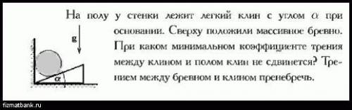 На полу у стенки лежит легкий клин с углом а при основании. Сверху положили массивное бревно. При ка