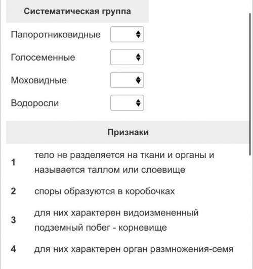 Установите соответствия между признаками растений и систематической группой, для которой они характе